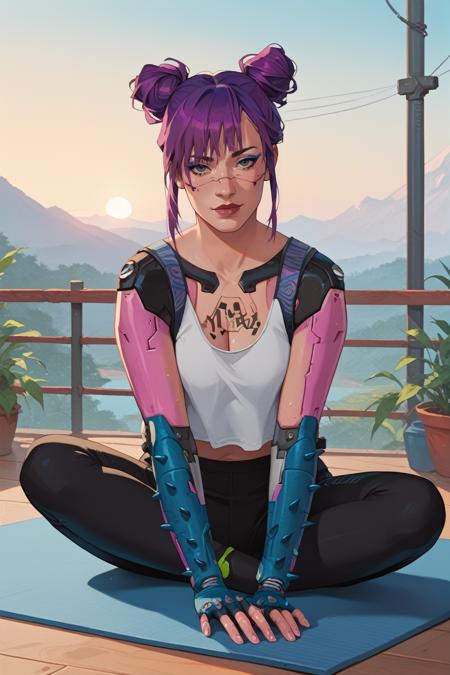 CyberRitaMoxBouncer, 1girl, purple hair, hair buns, tattoo