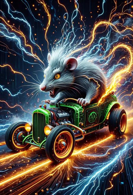 A rat fink-style hot rod blasting through a tunnel made of binary code, data nodes and vector lines flowing like graffiti smoke trails behind it
lthndrtrl