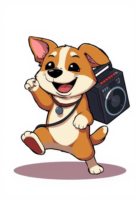 anime style, a dog break dancing with a boom box, chibi, breakdancing,