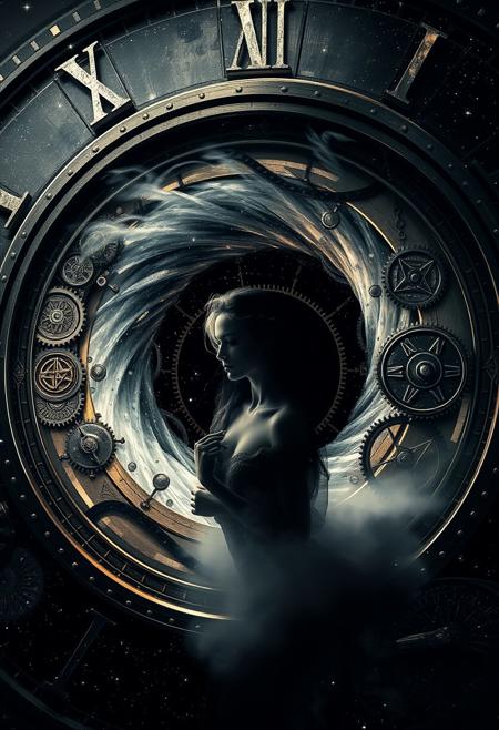 A **mysterious silhouette of a time-traveling woman** emerges from a swirling **black hole**, suspended within the intricate gears of a massive clock. Her **goddess-like form** blends into the surreal scene, surrounded by **geometric patterns** and **ancient symbols** etched into the metal. **Cosmic mist** obscures her figure, hinting at secrets of time and space. The clock’s gears, detailed with **fractal designs**, tick away as the black hole pulses with energy, creating a **double exposure** effect that alternates between a star-filled cosmos and the clock's inner workings.
The composition draws on the **surreal detail** of **Minjae Lee**, **Carne Griffiths**, and **Emily Kell**, with **photorealistic precision** reminiscent of **Steve McCurry**. The **cosmic depth** evokes **Geoffroy Thoorens** and **Jordan Grimmer**, framed with **deep fine borders** and balanced in a **seamless composition**. A masterpiece of **artistic photorealism**, blending **fantasy with reality**—a **great masterwork by the head of prompt engineering**.