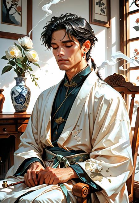 solo, short black hair, dignified man, seated, holding a long kiseru smoking pipe, traditional Hanfu-style silk robe, white with subtle embroidery, minimal floral patterns, tied sash, relaxed posture, closed eyes, long sleeves, white flower vase in the background, carved wooden chair, curling smoke, soft lighting, single earring, defined masculine facial features, composed expression, calm atmosphere, vase decor, semi-realistic style, digital painting, concept art, soft glow, muted cool tones, volumetric lighting, ultrahigh definition, absurdres, highres, cinematic aesthetic, painted style, dramatic light contrast with white robe and dark wood, misty atmosphere, ambient particles, serene mood, Midjourney style, elegant composition, aidma-niji, lazypos
