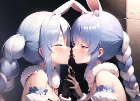 <lora:pockySide1-000006:1>, 2girls, <lora:pekora1-000009:1>, pekora1, closed eyes, upper body, view from side, indoors, simple background, sharing food, pocky, pocky kiss,