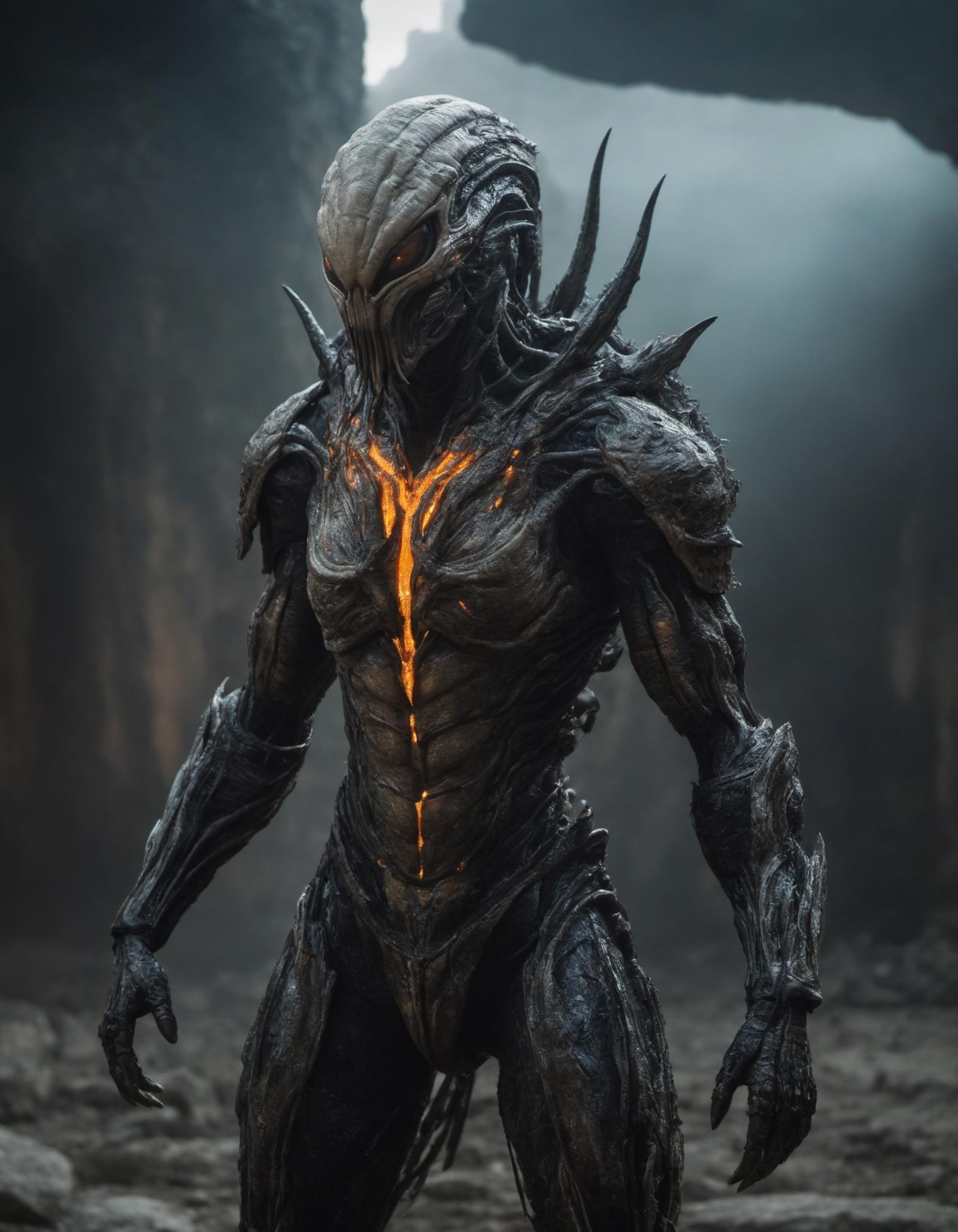 A dark, gritty, and intricately detailed image of a creature with multiple arms, possibly a robot or alien, standing in a dark environment surrounded by rocks and a cave. The creature appears to be the main focus of the image, with its impressive design and unique features.