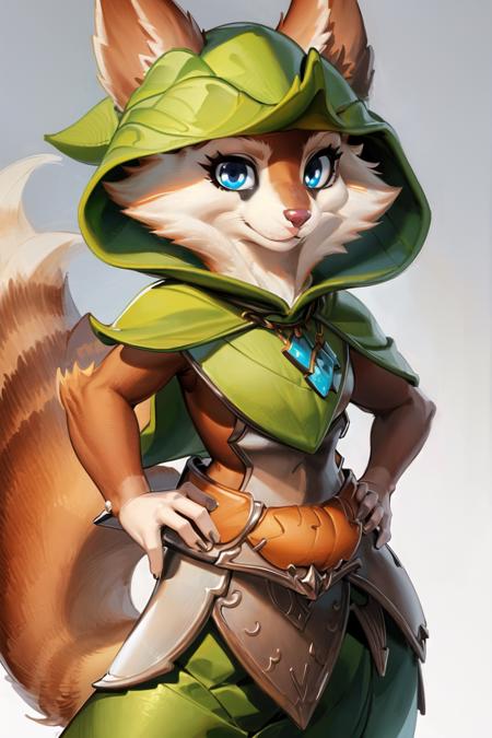 masterpiece, best quality,solo, looking at viewer, smile, blue eyes, simple background, white background, animal ears, jewelry, closed mouth, standing, tail, hood, grey background, necklace, gradient, hand on hip, gradient background, no humans, capelet, :3, furry, ears through headwear, orange fur, breastplate, armor, <lora:Hoodwink_dota:0.8>