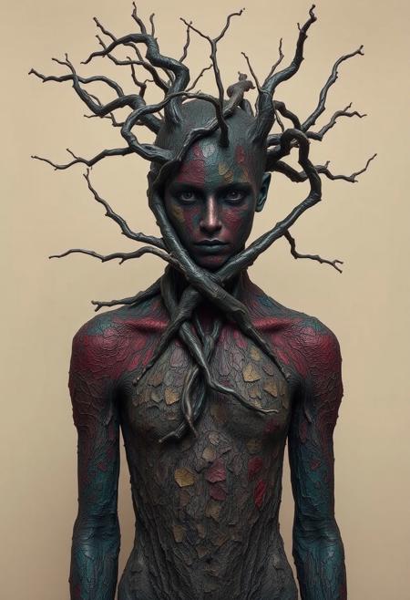 score_9, score_8_up, score_7_up, Subject: Human figure, abstract humanoid, nature entity Appearance: Covered in textured bark, skin resembling tree bark, mosaic-like colored patches Colors: Deep teal, muted red, earthy brown, golden-yellow highlights, natural tones Branches: Twisted, gnarled tree branches, wrapping and intertwining around the figure, emerging from the face and chest Eyes: Dark, glowing, subtle presence, hidden in shadows Pose: Frontal view, static and enigmatic, upright stance Atmosphere: Surreal, haunting, organic, blending human and nature Background: Minimal, neutral beige, emphasizing the figure Mood: Mysterious, primal, symbolic of growth, decay, and transformation Style: Dark fantasy, organic abstraction, detailed textures, ng_deepnegative_v1_75t, easynegative, verybadimagenegative_v1.3SplitStyle, ng_deepnegative_v1_75t, easynegative, verybadimagenegative_v1.3