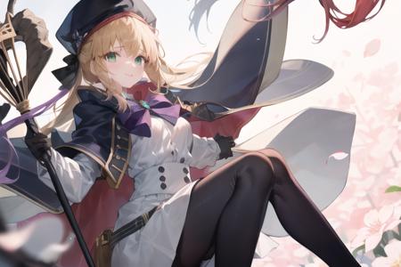 artoria caster (fate), artoria caster (second ascension) (fate), 1girl, belt, beret, black pantyhose, blonde hair, blue belt, blue cape, blue headwear, breasts, buttons, cape, closed mouth, double-breasted, dress, green eyes, hat, holding, holding staff, long hair, long sleeves, looking at viewer, multicolored cape, multicolored clothes, o-ring, o-ring belt, pantyhose, petals, red cape, smile, solo, staff, thighs, white dress