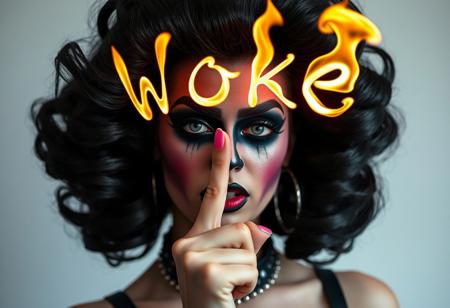 A very young drag queen girl with black makeup and pink nails, looking like she just failed something, shaking her head, drawing the letters "Woke" using flamess, in the air, with a finger, photo by helmut newton
