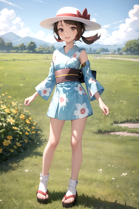 masterpiece, best quality, <lora:LyraSummerV2:0.7>, lyra \(pokemon\), blue kimono, red obi, detached sleeves, :d, outdoors, field, summer, cowboy shot, floral print, white sun hat, bow, standing, full body, sandals, socks