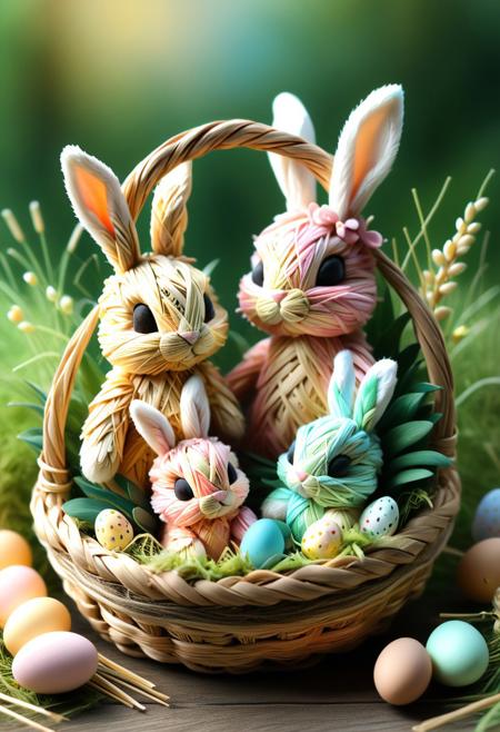 adorable baby straw bunnies, curled up peacefully, soft straw textures, pastel patchwork fabric ears with floral patterns, button eyes, cozy nest made of twine, hay, and pastel Easter eggs, soft glowing light, magical realism, whimsical springtime fantasy creature design, handcrafted look, woven straw Easter baskets, decorated eggs, flowers and soft greenery surrounding the scene, ultra-detailed, trending on ArtStation, 8k, Easter-themed storybook illustration, cottagecore aesthetic, trending on ArtStation and DeviantArt, ultra detailed, pastel fantasy colors, 8k