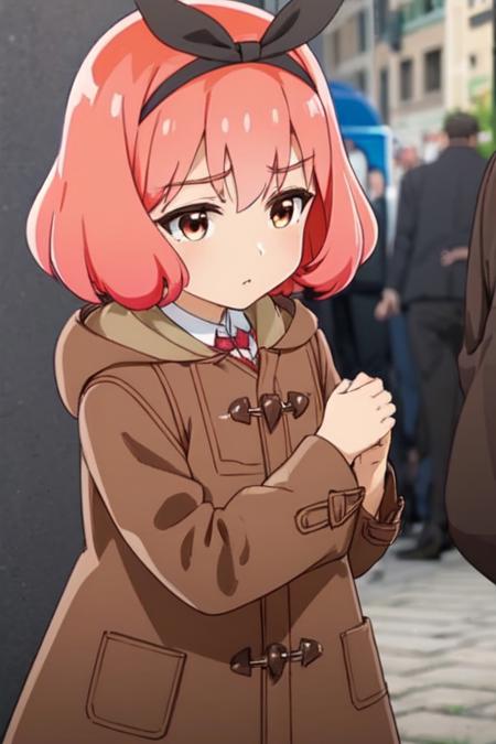 yuri is my job anime lineart, 1girl, solo, mai koshiba, salmon-pink hair, short hair, puffy hair at the bottom, black hair ornament, bangs, collared shirt, white shirt, coat, red bow, brown coat, blue plaid skirt, black shoes