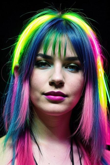 score_9, score_8_up, score_7_up, score_6_up, beautiful 19 year old girl, colored hair, neon lights, rave, crowd, nightime, dusk, smiling, ultra realistic, big lips, (masterpiece, best quality, highres:1.2), (photorealistic:1.2),