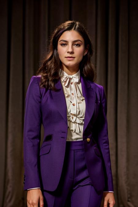 masterpiece, best quality, detailed face <lora:Monica1873Barbaro:1> a woman, 1girl, solo, m1873b,  wearing Plum Purple business suit in Circus