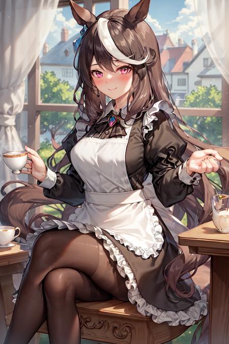 masterpiece, best quality,
symboli rudolf \(umamusume\),
holding, smile, cup, maid, long sleeves, holding cup, breasts, window, sitting, curtains, apron, frills, blush, jewelry, dress, alternate costume, medium breasts, indoors, puffy sleeves, closed mouth, teacup, pantyhose, crossed legs
<lora:sybmoli_rudolf_locon:0.6>