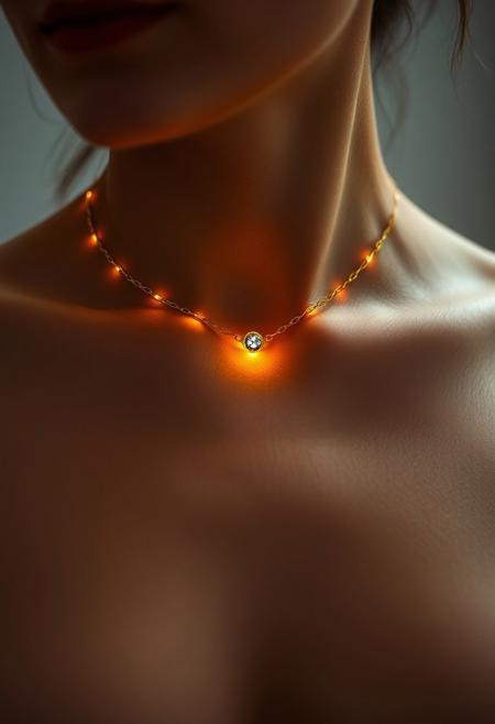 subdermal LED jewelry, soft natural glow beneath the skin, (embedded LEDs:1.5) forming a delicate gold necklace pattern under the skin, (subtle sapphire-like glow:1.4) centered at the clavicle, seamless integration with skin, high-definition, warm, natural skin tone, (soft light diffusion:1.3), under-the-skin LED glow enhancing natural features, ultra-realistic textures, subtle lighting that gently follows the body's contours, refined elegance, advanced subdermal technology, modern body modification, (minimalist tech-infused beauty:1.2), smooth light emanation from beneath the skin, high-resolution, understated and graceful