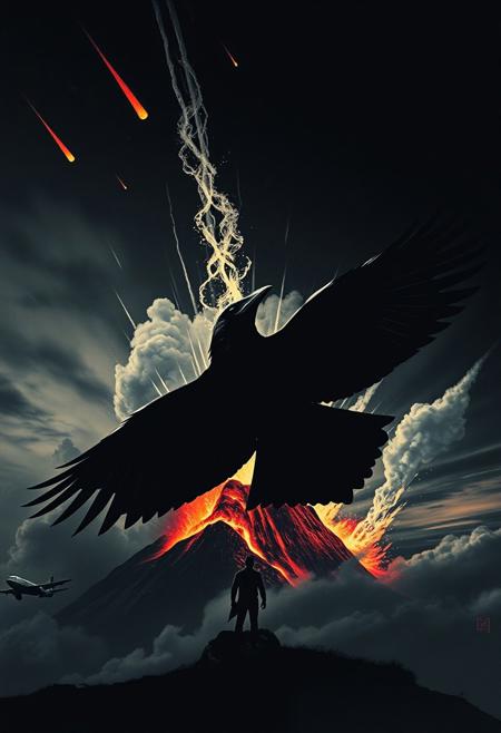 vintage movie poster with black SKY very clean colours, meteors falling from sky, and a black raven flying with wings  like thunders coming out from a volcano erupting ,wind seems like flames, behind a very clear silhouette of man from mexico looking to the raven in sky, a plane hit by a storm flying in the distance. extremely intricate, stylized and classy concept art, a professional photograph. Detailed Textures, high quality, high resolution, high Accuracy, realism, color correction, Proper lighting settings, experimental art composition
Text "Rey Trueno",
