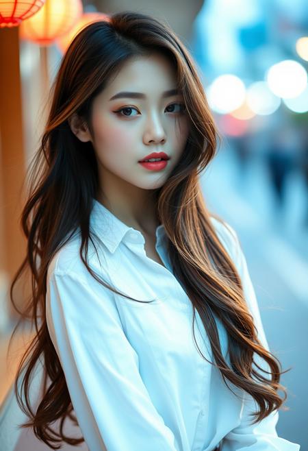 In a captivating scene, there stands a beautiful and young Korean woman. She has long, flowing hair and is dressed in a white shirt, exuding an air of elegance. Resembling a popular Korean idol or a leading actress, she showcases the latest in Korean women's fashion. Her face is adorned with the trendy and popular South Korean makeup, enhancing her already charming features. With a resemblance to the renowned Song Hye-kyo, she appears like a cinematic goddess in a close shot, captivating all with her undeniable beauty and charm.