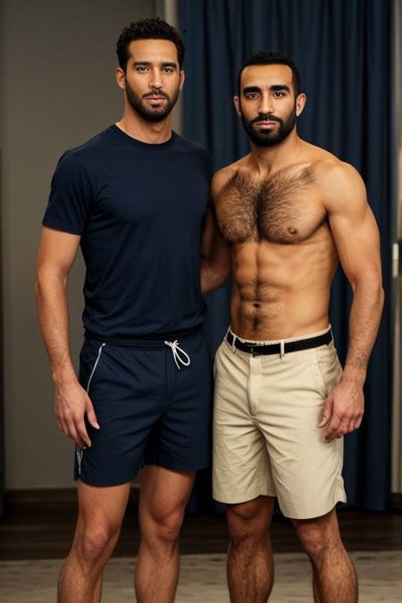 2 hairy chested moroccan men in ethnic shorts, shirtless