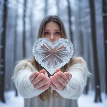 Angel with a heart-shaped ice crystal in her hand in a snowy forest background