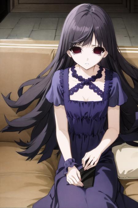 (exceptional, best aesthetic, new, newest, best quality, masterpiece, extremely detailed), 1girl, solo, sunakokirishiki, sad, purple_gown, sitting, couch, own_hands_together, looking_at_viewer