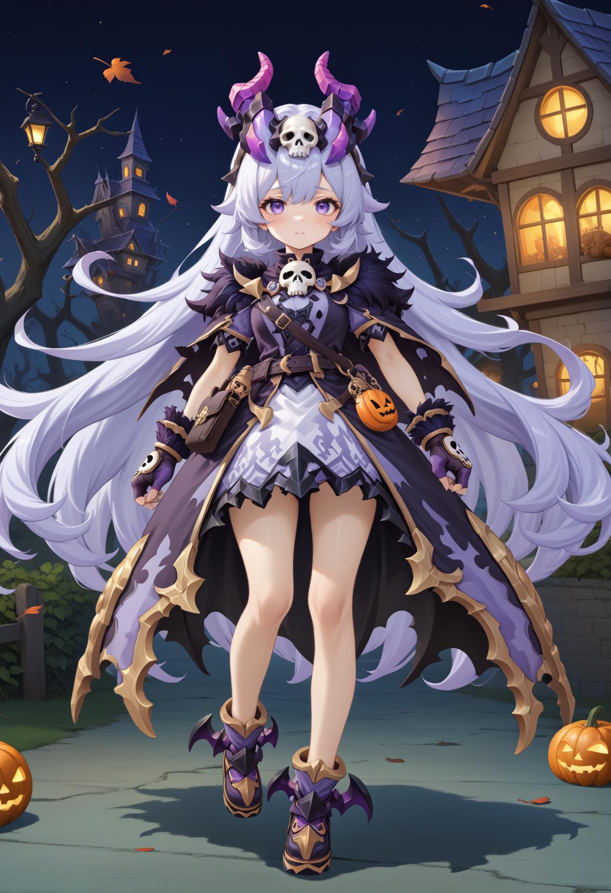 masterpiece, best quality, very aesthetic, absurdres, rom_hela_xl,
1girl, purple hair, horns, purple eyes, skull on chest, purple dress, fingerless gloves, saddlebag, 
full body, standing,
haunted house, withered trees, bats, halloween, pumpkin,
outdoors, (wind, falling withered leaves, light particles:1.4), light rays, tyndall effect, vivid colors, tranquil and magical atmosphere,
shiny skin, beautiful face, beautiful eyes, extreme detailed, official art, professional illustration, hires,
<lora:rom_hela_xl:1>, <lora:aesthetic_anime_v1s:0.5>, <lora:add_details_xl:0.5>