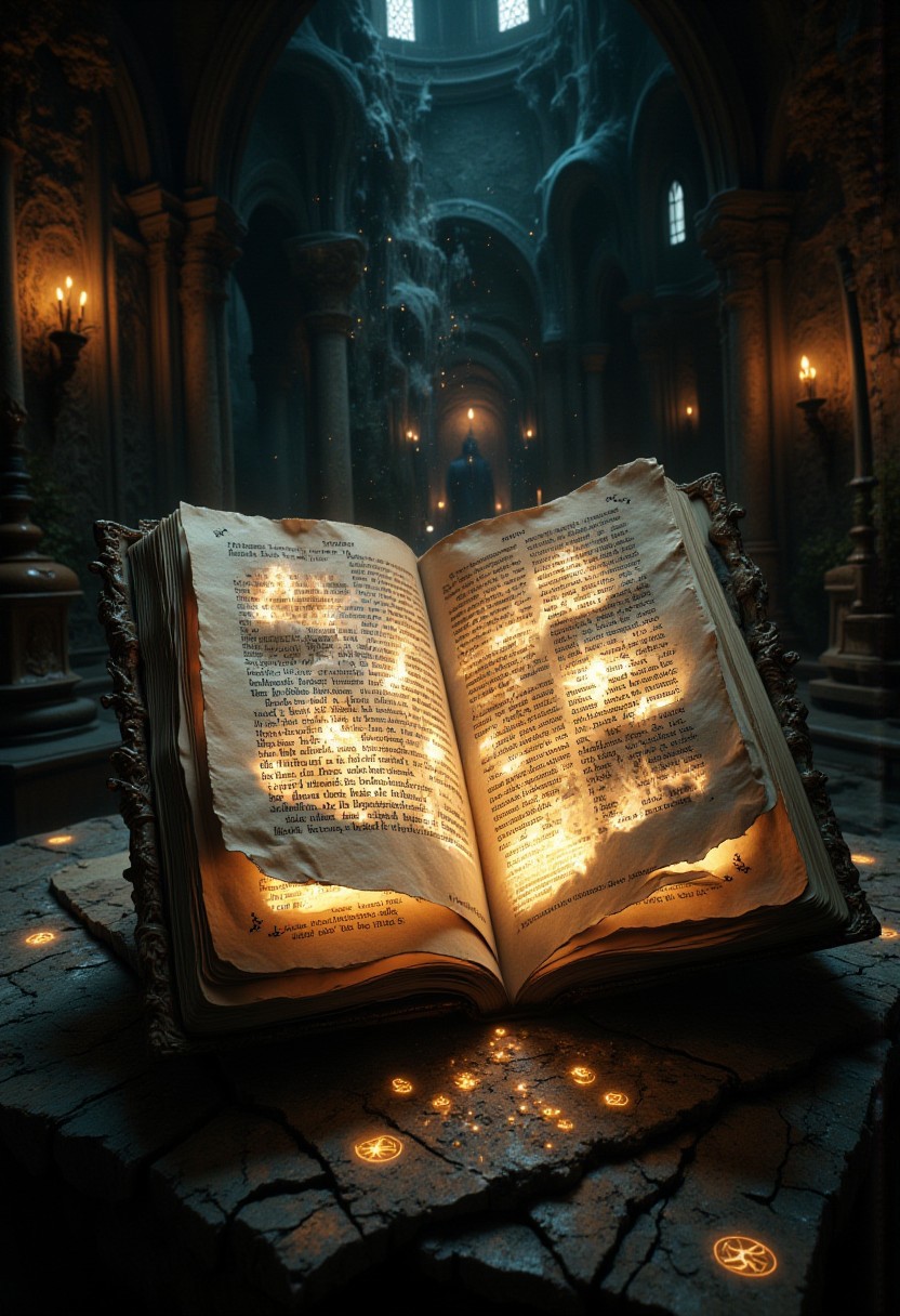 An ancient, open book resting on a cracked stone pedestal in a dimly lit, grand hall with tall arches and columns. The book's pages are illuminated with a magical, golden light, casting glowing symbols and runes onto the stone surface below. The hall is adorned with ornate carvings and lit by wall-mounted torches, creating a mystical and enchanting atmosphere. Dust particles float in the air, adding to the sense of age and mystery. 