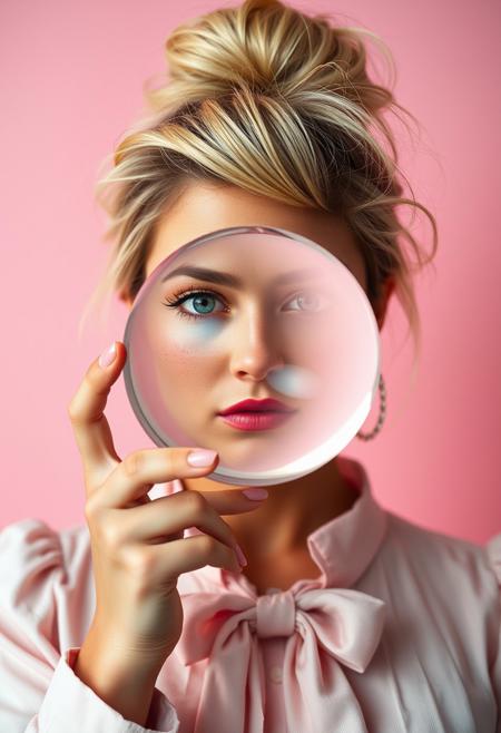 model, medium boobs, perfect eyes, light makeup, freckles, short messy blonde bob, freckles, serious expression, winking,  holding a large fisheye clear glass ball in front of her mouth that refracts her face, dressed in a light pink blouse with a large bow. Her messy bun contrasts against a plain pink background, evoking a playful, whimsical mood. lens effects, film effects