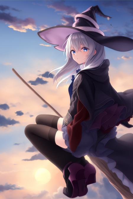 best quality, highly detailed, masterpiece, ultra-detailed, witch_hat, hat, 1girl, cloud, broom_riding, broom, long_hair, sunset, solo, thighhighs, sky, cloudy_sky, looking_at_viewer, witch, high_heels, <lora:elaina_v2:0.9>