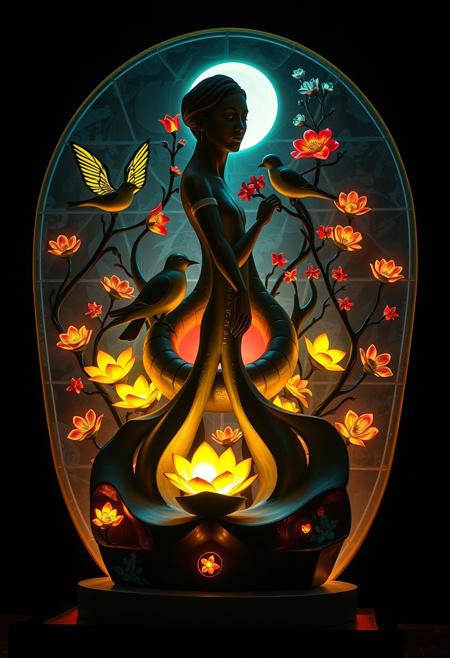 A polished modernist sculpture depicting a space of prayer, imbued with mathematical logic and intense mood, features birds and flowers in distinct glowing bioluminescent colors, high contrast, bold stylized characters, loose dynamic brushwork, vibrant glow, and divided sections with bold areas.