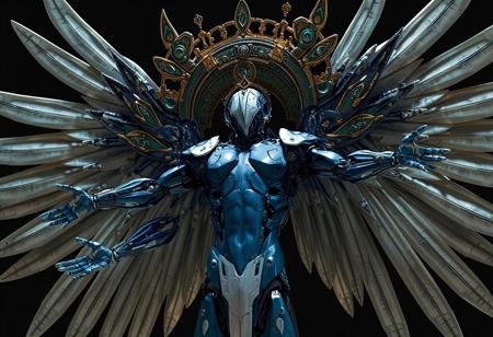 A hyperdetailed cinematic digital illustration of a humanoid Incarnated Machine Angel, depicted in a dynamic pose with outstretched arms, exuding readiness and power. The body is predominantly blue, contrasting sharply with the black-and-white head, while the large headdress is a complex assembly of gold and green, featuring intricate patterns and designs. The Orcustrated Babel background provides a stark contrast, enhancing the angel’s visibility and drawing immediate attention. Rendered in Unreal Engine 6, with 4K resolution, lifelike details, sharp lines, and stunning, harmonious colors. The composition is impeccable, with captivating cinematic lighting, balanced editing, and a creative angle, trending on ArtStation, CGSociety, and ArtStationHQ. Inspired by the styles of Raphael, Houdini, and Grammer Effect, with vivid emotions and a powerful message. The humanoid Incarnated Machine Angel’s design showcases handcrafted precision and a sense of divine mechanical grandeur, evoking a high-stakes, otherworldly atmosphere."