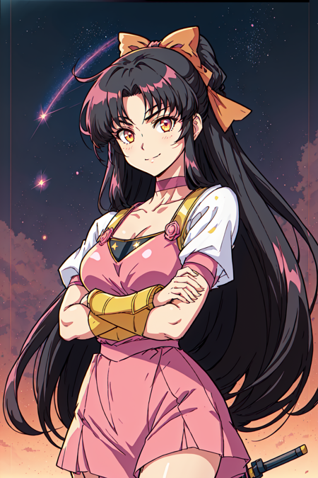 1girl, black hair, brown eyes, closed mouth, crossed arms, flower, hair bow, letterboxed, long hair, looking at viewer, medium breasts, mj manga, pink eyes, red choker, robot, smile, space, star (sky), weapon, yellow eyes <lora:MjManga:0.8>