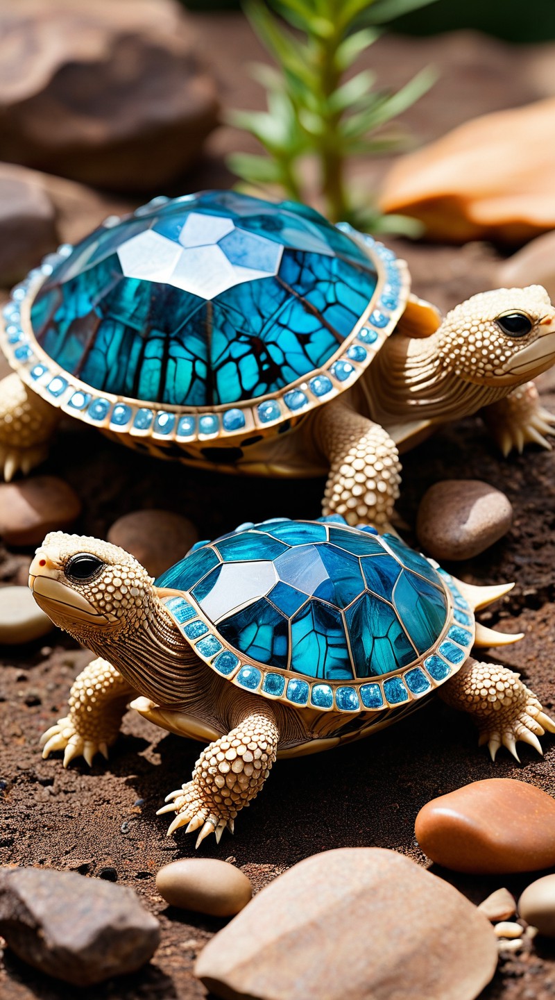 crystal tortoises with ancient, gem-encrusted shells, said to hold the wisdom of the earth within their sparkling carapaces.