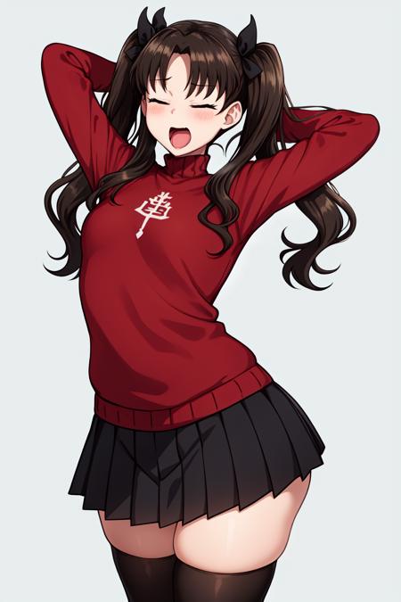 1girl. solo, mature, adult, milf, facing viewer, standing, stretching, arms up, arms behind head, tohsaka rin, brown hair, long hair, twintails, black horns, closed eyes, open mouth, (yawning:1.2), red sweater, black skirt, pleated skirt, black thighhighs, curvy, small breasts, covered nipples, thick thighs, grey background, simple background, 
<lora:Cham22 v2:1>