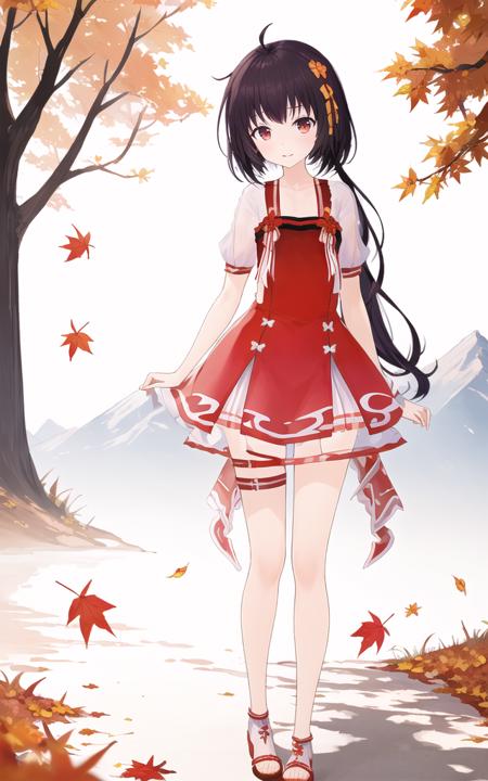 (masterpiece:1.331), best quality,
illustration,
(1girl),solo,
lingyuan yousa,flat chest, 
standing,looking at viewer,
autumn, autumn leaves, falling leaves, under tree,mountain,blue sky, <lora:lingyuan_yousa-000008:0.72>