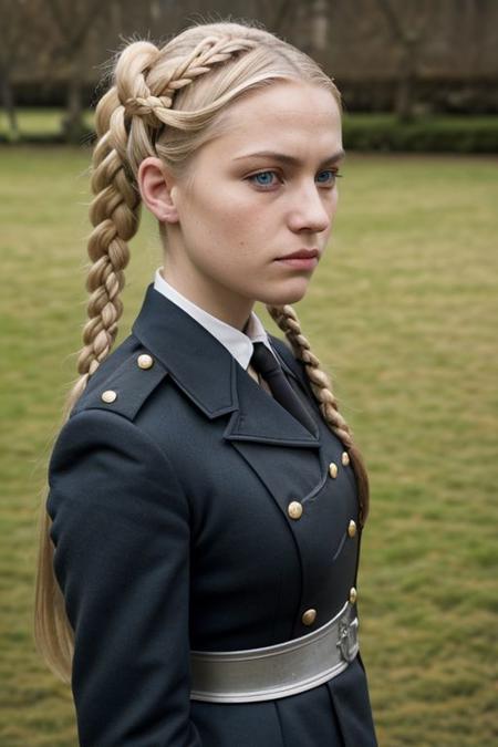 ground level outdoor photo of angry 25YO blonde French female with twinbraids wearing [XV century] military uniform, bottom-view