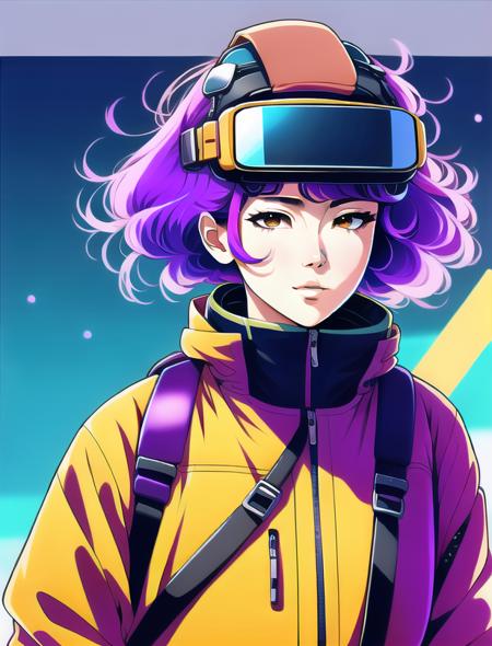 goofy popped color, 1girl, solo, goggles, short hair, pink hair, upper body, lips, goggles on head, jacket, parted lips, brown eyes, black hair, backpack, purple hair, orange eyes <lora:goofy popped color:0.7>