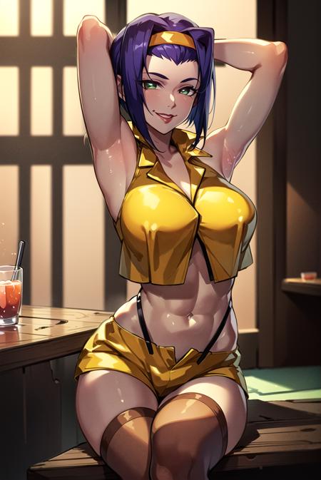 ((masterpiece,best quality, detailed)), deep shadows, hard rim lighting, dramatic lighting, sharp focus, looking at viewer, ambient light,
arms behind head, armpits, bar \(place\), indoors, cocktail glass, leg up, sitting, smile,
<lora:FayeValentineV2:0.75>, faye valentine, yellow shirt, yellow shorts, suspenders, thighhighs