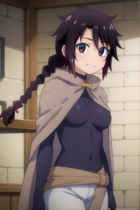 reviewerstunk, <lora:reviewer stunk female-lora-nochekaiser:1>,
stunk, long hair, black hair, (brown eyes:1.5), braid, single braid, smile, grin,
BREAK cape, bodysuit, covered navel, cloak,
BREAK indoors, bed,
BREAK looking at viewer, (cowboy shot:1.5),
BREAK <lyco:GoodHands-beta2:1>, (masterpiece:1.2), best quality, high resolution, unity 8k wallpaper, (illustration:0.8), (beautiful detailed eyes:1.6), extremely detailed face, perfect lighting, extremely detailed CG, (perfect hands, perfect anatomy),