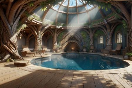 realist detail, (masterpiece, best quality, ultra-detailed, best shadow), elvenforestworld, polished wood, public baths (pool), atmospheric effects, steam, airy, sunlight,