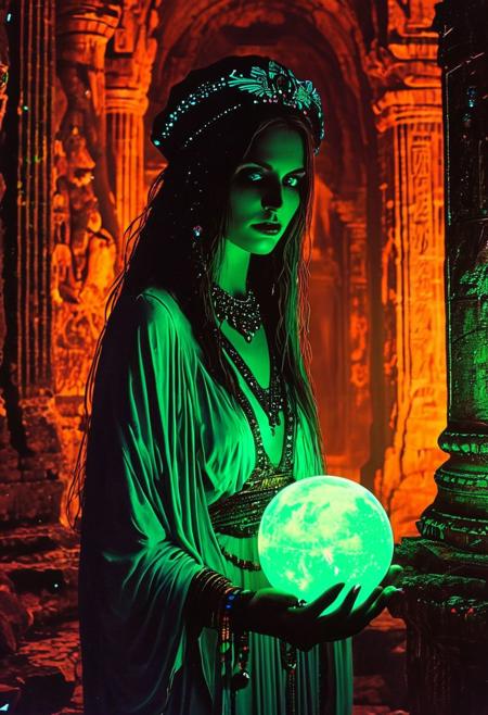 mysterious priestess with emerald eyes, holding a glowing orb in an ancient temple
silhouette ,
in the style of the decaying empire of Wrstreich, dark magic and grotesque creatures abound, inspired by Sean Aaberg's punk aesthetic, dark fantasy world combines grim landscapes with vibrant, exaggerated neon colorful art, old 80's VHS dark fantasy, VHS screen grab, grainy, old footage