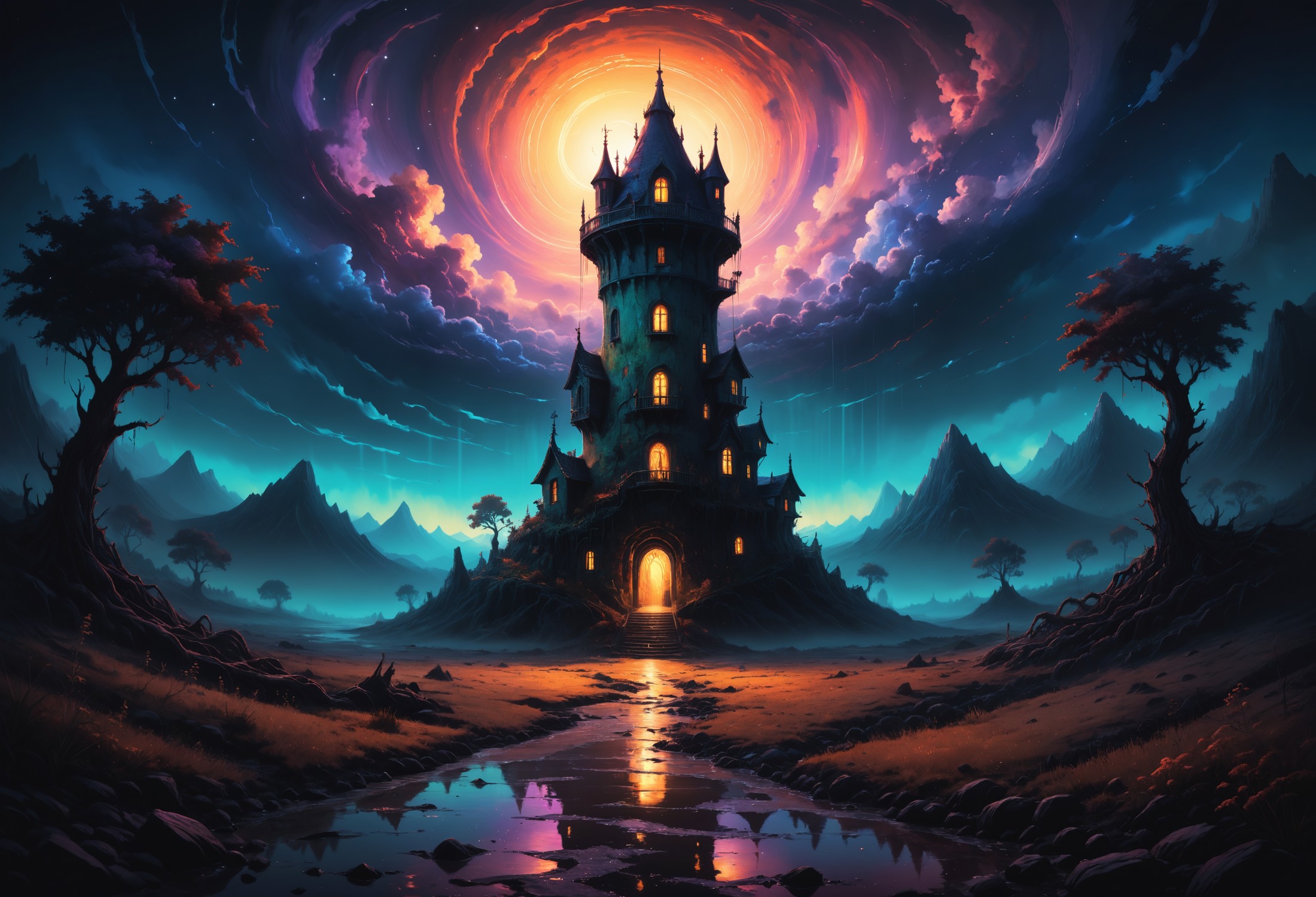 zavy-mthcl, summer, ink painting, acrylic, a tower in a creepy acid filled sky, by Craola, Dan Mumford, Andy Kehoe, 2d, fl...