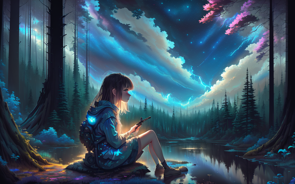 (drybrush speed painting)+, realistic anime lone girl sitting and looking up at a grand vivid night sky, forest, paint (st...