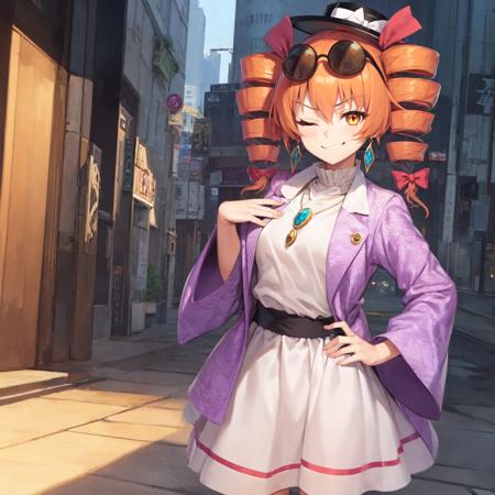 1girl, solo, yorigami jo'on, orange hair, drill hair, eyewear on head, orange eyes, jewelry, bow, white dress, purple jacket, pendant, earrings, hat, standing, hand on hip, looking at viewer, one eye closed, smirk, outdoors, city <lora:char-joon:1>