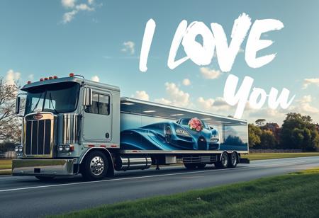 In the park, a large the Kenworth W990 truck was parked on the road, the front facing left, its cargo box was a large clear glass cover, inside the glass cover was a blue Bugatti sports car, the glass cover had roses on it, White clouds in the sky combine to form the letters "I LOVE YOU" in Brush Script MT font