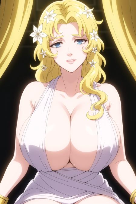 aphroditeS, <lora:aphroditeS_v1:0.6>, 1 girl, blonde hair, blue eyes, huge breasts, traditional white greek clothing, cleavage barely covers her nipples, flower in hair, golden brand in arms, gold bracelet on one wrist, neckale, sitting on throne, close up,
masterpiece, best quality, highres, looking at viewer, (Light_smile:0.3), extremely detailed CG unity 8k wallpaper, perfect lighting,Colorful, (masterpiece:1.0),(best_quality:1.0), ultra high res,4K,ultra-detailed, photography, 8K, HDR, highres, absurdres:1.2, Kodak portra 400, film grain, blurry background, bokeh:1.2, lens flare, (vibrant_color:1.2), (beautiful_face:1.5),(narrow_waist), <lyco:GoodHands-beta2:1.0>