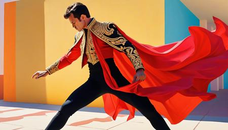 dramatic matador in ornate gold-embroidered jacket, tight black pants, looking down to his left with intense concentration, red cape swirling dramatically around him, graceful dancer-like pose, one arm extended holding cape, body twisted in elegant motion, traditional Spanish bullfighter outfit,, vibrant acrylic painting style, bold flat colors, clean geometric compositions, bright California sunlight, crisp shadows,  saturated color palette, smooth gradients, minimal detail work, contemporary pop art influence, architectural precision, optimistic 1960s atmosphere,