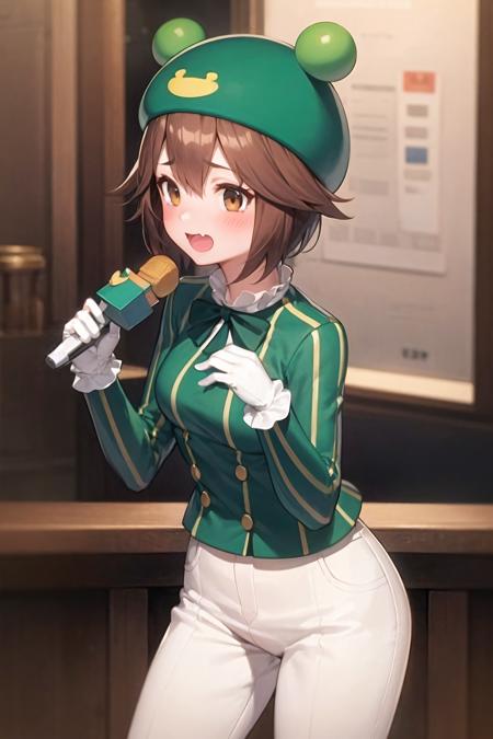 <lora:ribitta-02:0.8>, ribitta, 1girl, best quality, masterpiece, solo, standing, green shirt, hat, brown eyes,white gloves, pants,blush, holding microphone, microphone,