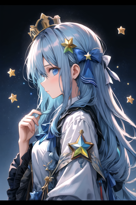 Niji Style, 1girl, solo, long hair, looking at viewer, blush, blue eyes, hair ornament, long sleeves, ribbon, holding, hair between eyes, closed mouth, blue hair, hair ribbon, white shirt, upper body, hand up, star (symbol), from side, looking to the side, profile, blue background, crown, blue ribbon, letterboxed, sideways glance, <lora:NijiStyle_Dusk-05:1>