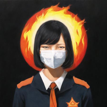 <lora:dopingpong:1>, dopingpong, painting_\(medium\),
 1girl, empty eyes, expressionless, employee uniform, fire on face, fire on hair, black hair