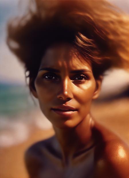 photo of beautiful sks woman, hyper realistic photograph, detailed face,film grain, Kodak portra 800, f1.8, intricate, at the beach, <lora:locon_halle_v1_from_v1_64_32:1.3>