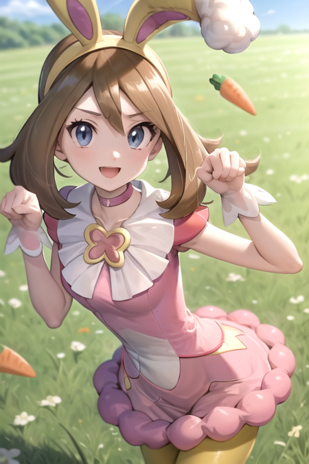 masterpiece, best quality, <lora:MaySeasonal:0.7>, may \(pokemon\), pink dress, yellow rabbit ears, hairband, wrist cuffs, pink choker, yellow pantyhose, paw pose, holding carrot, spring \(season\), grass, field, :d